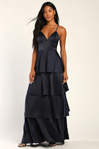 Going with Elegance Navy Blue Satin Tiered Maxi Dress 2