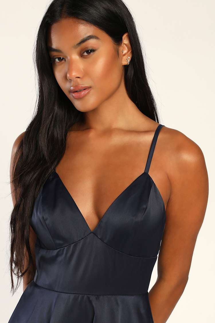 Going with Elegance Navy Blue Satin Tiered Maxi Dress