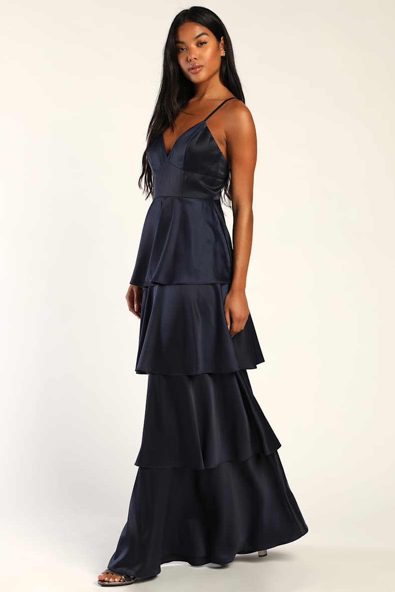 Going with Elegance Navy Blue Satin Tiered Maxi Dress