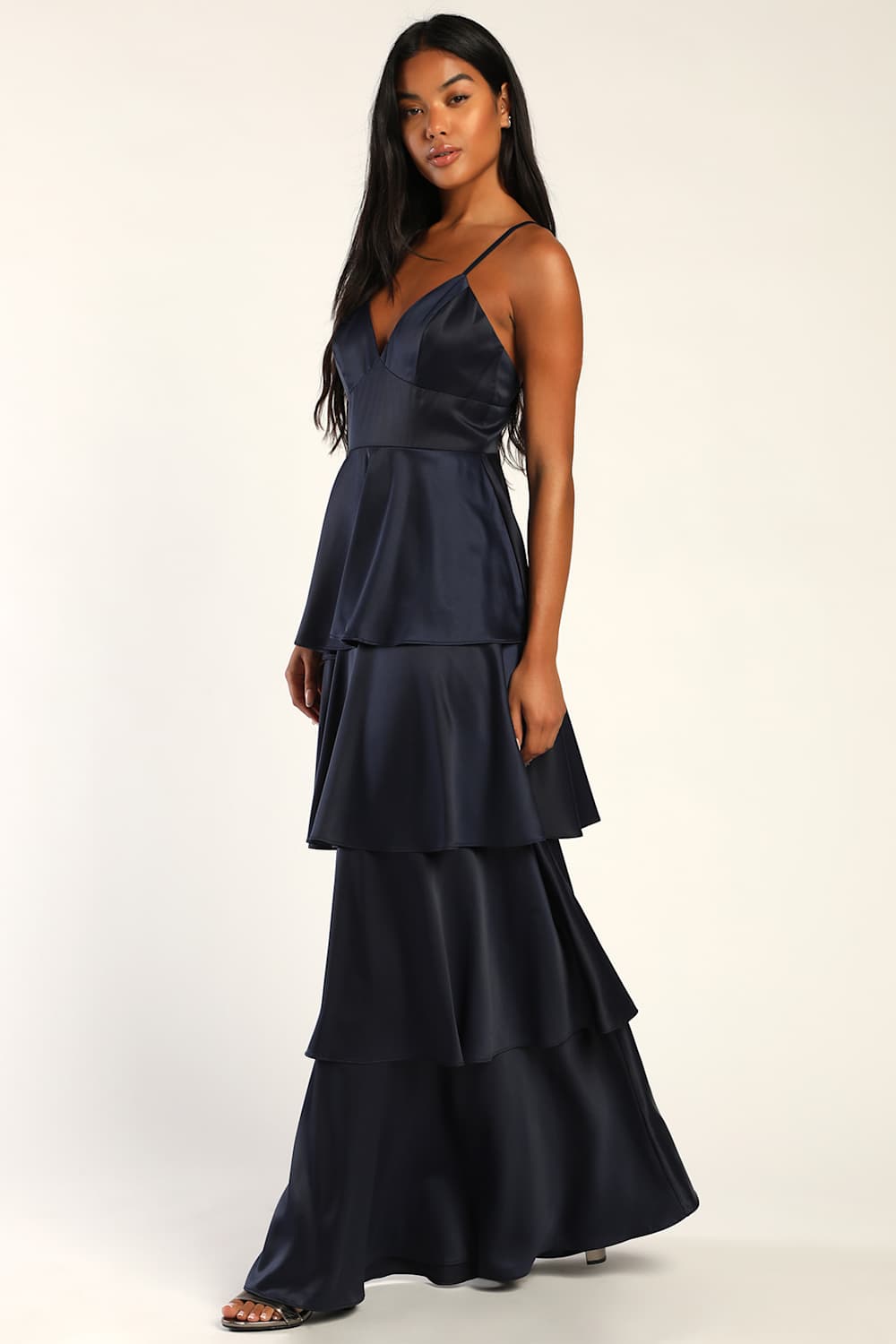 Going with Elegance Navy Blue Satin Tiered Maxi Dress