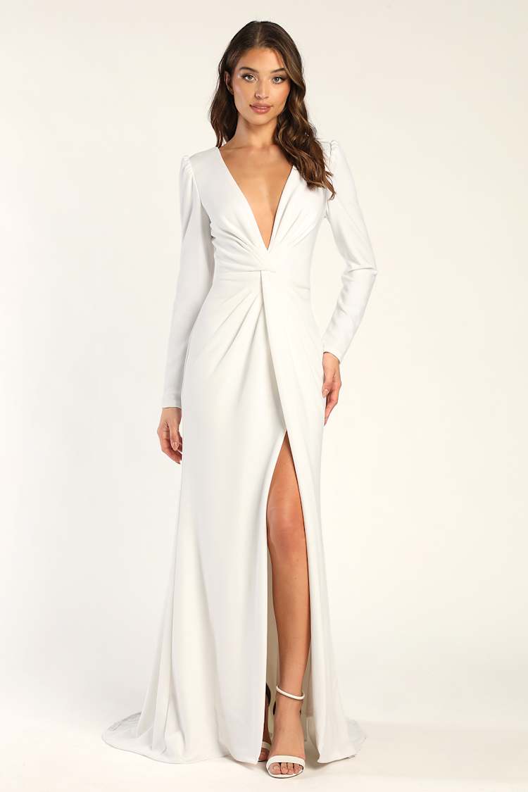 White Long Sleeve Dress - Mermaid Maxi Dress - V-Neck Dress - Lulus