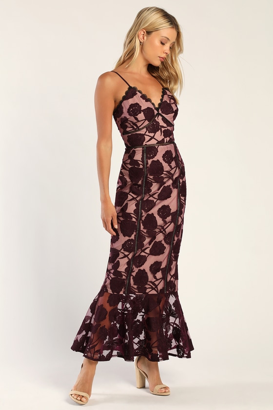 Lulus Alluring Dream Dark Purple Floral Mesh Lace Trumpet Midi Dress