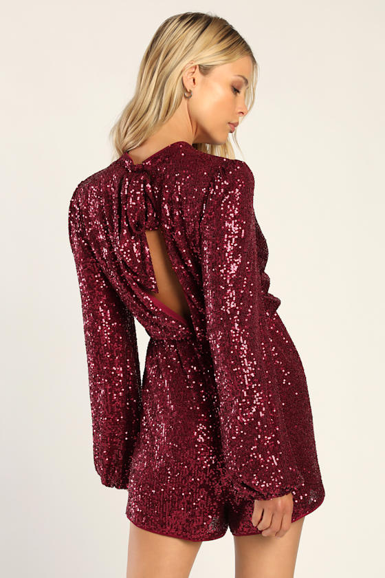 After the After Party Burgundy Sequin Long Sleeve Romper 3