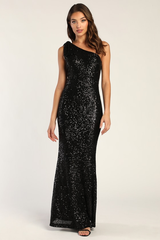 Black Sequin Maxi Dress - Mermaid Maxi Dress - One-Shoulder Dress - Lulus