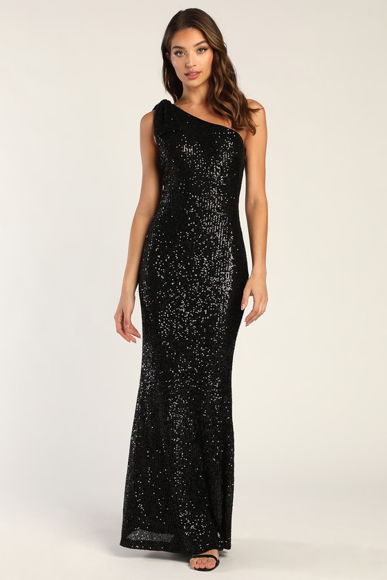 Black Sequin Bridesmaid Dress One Shoulder