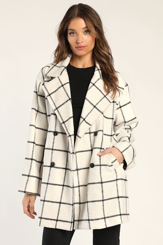 Snowy Streets Ivory Grid Print Double Breasted Coat 1