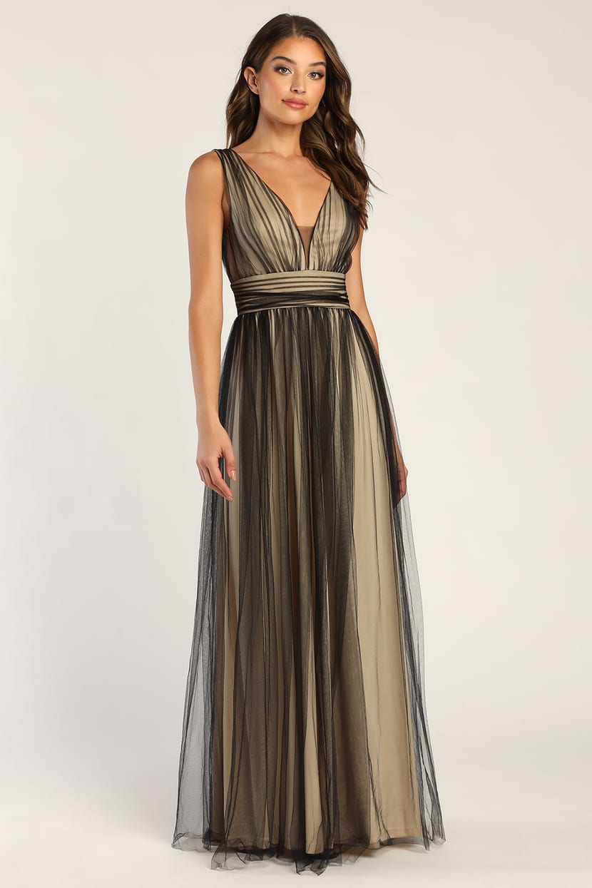Black and Beige Maxi Dress - Tulle Maxi Dress - A-Line Maxi Dress - Lulus