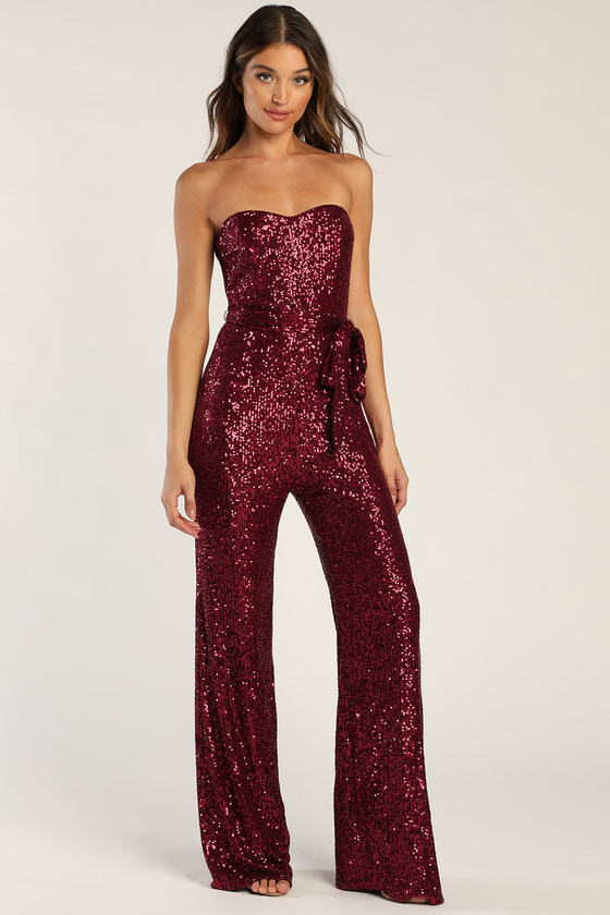 Red Sequin Jumpsuit - Strapless Jumpsuit - Wide-Leg Jumpsuit - Lulus