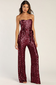 Flirty Moves Wine Red Sequin Strapless Wide-Leg Jumpsuit 1