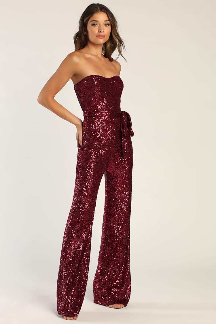 Flirty Moves Wine Red Sequin Strapless Wide-Leg Jumpsuit