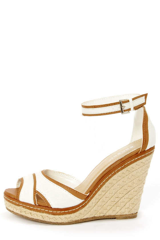 Bamboo Pinot 08 White Canvas Peep Toe Wedge Sandals