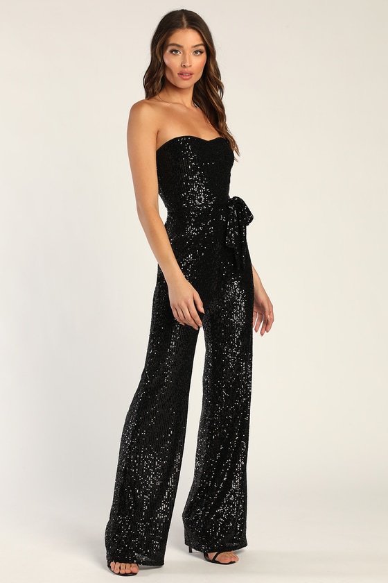 Black Sequin Jumpsuit - Strapless Jumpsuit - Wide-Leg Jumpsuit - Lulus