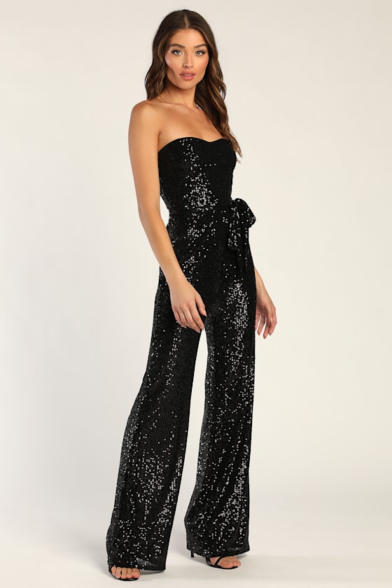 Flirty moves Black Sequin Strapless Wide-Leg Jumpsuit 1