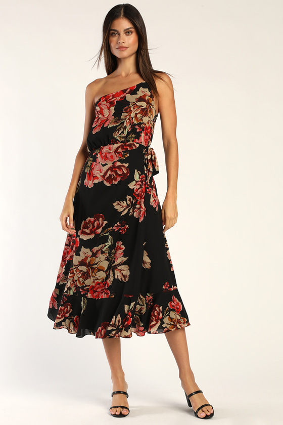 Black Floral Print Dress - One-Shoulder Dress - Midi Wrap Dress - Lulus