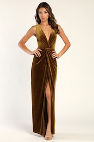 Beautiful Evenings Dark Mustard Velvet Twist-Front Maxi Dress 1
