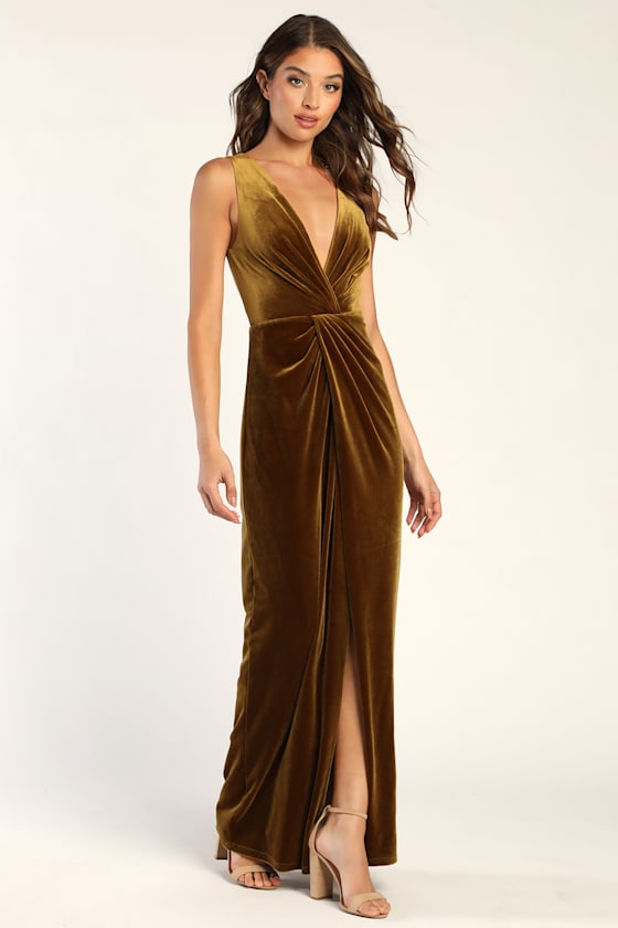 Beautiful Evenings Olive Green Velvet Twist-Front Maxi Dress - thumbnail 3