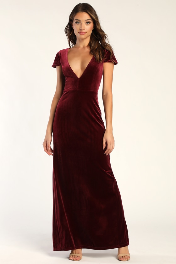 Feeling Flawless Burgundy Velvet V Neck Maxi Dress