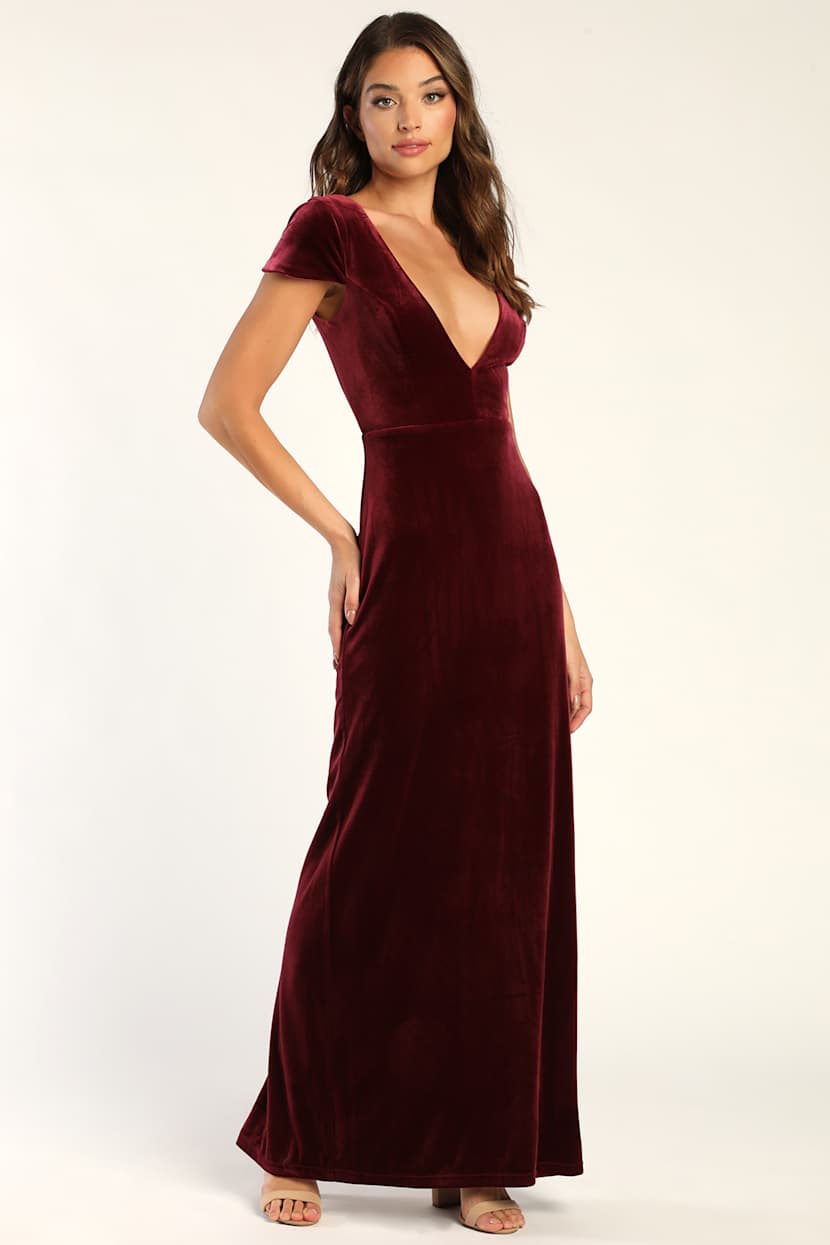 Burgundy Velvet Gown - Plunge Velvet Dress - Velvet Maxi Dress - Lulus