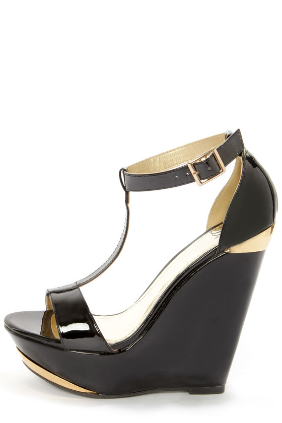 My Delicious Twice Black Patent T-Strap Platform Wedges - $28.00 - Lulus