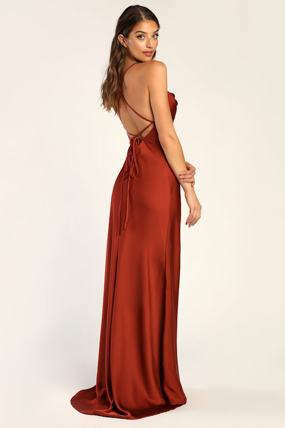 Rust Brown Maxi Dress - Satin Maxi Dress- Cowl Neck Maxi Dress - Lulus