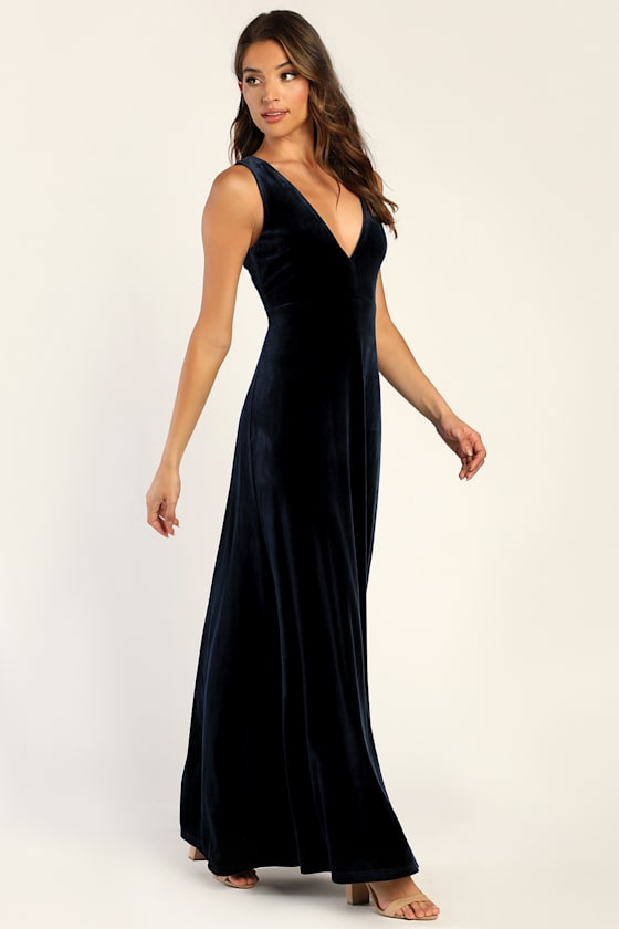 【新品未使用】Lulus Velvet navy dress Navy Blue Velvet Dress - Long Sleeve Gown - Tulip Maxi Dress
