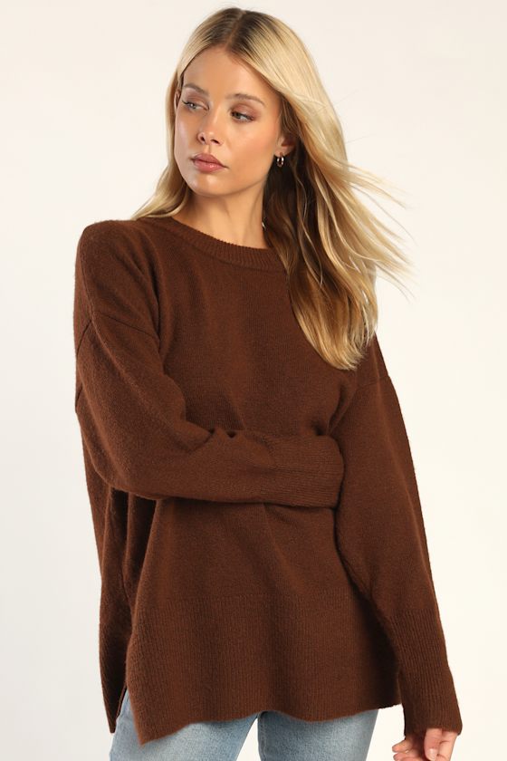 Autumn Allure Brown Crew Neck Oversized Pullover Sweater 1