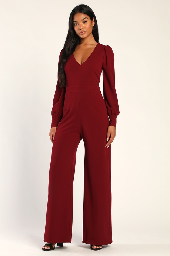 Burgundy Jumpsuit - Wide-Leg Jumpsuit - V-Neck Jumpsuit - Lulus