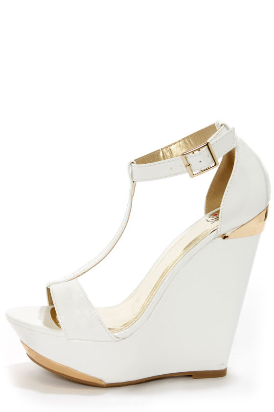 My Delicious Twice White Patent T-Strap Platform Wedges - $28.00 - Lulus