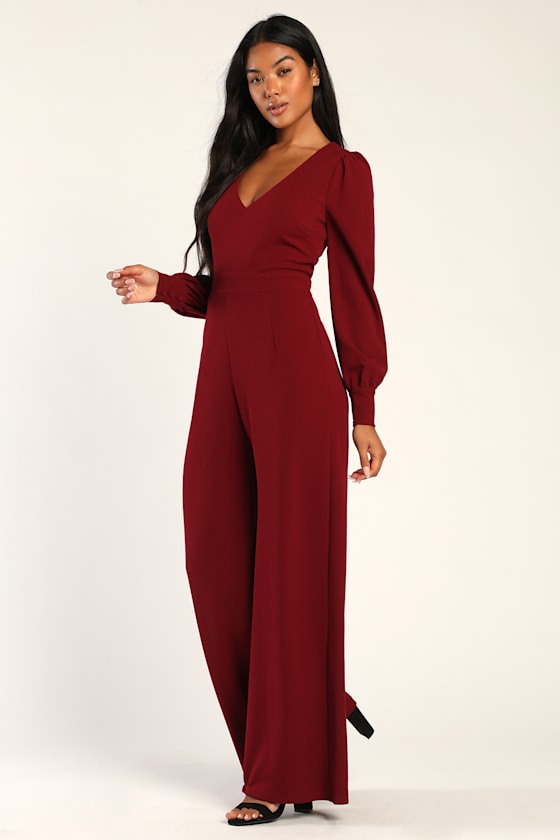 Celebrating Romance Burgundy Long Sleeve Wide-Leg Jumpsuit 6