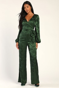 Classy Charisma Emerald Green Jacquard Long Sleeve Jumpsuit