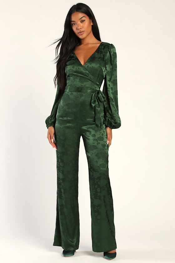Classy Charisma Emerald Green Jacquard Long Sleeve Jumpsuit 3