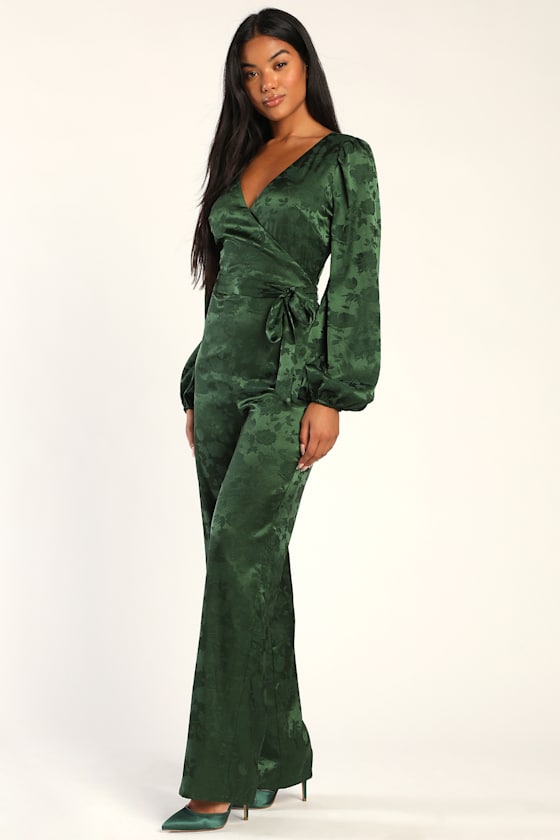 Classy Charisma Emerald Green Jacquard Long Sleeve Jumpsuit 2