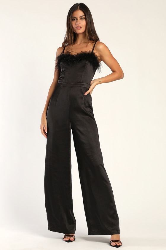 Black Satin Jumpsuit - Feather Jumpsuit - Wide-Leg Jumpsuit - Lulus