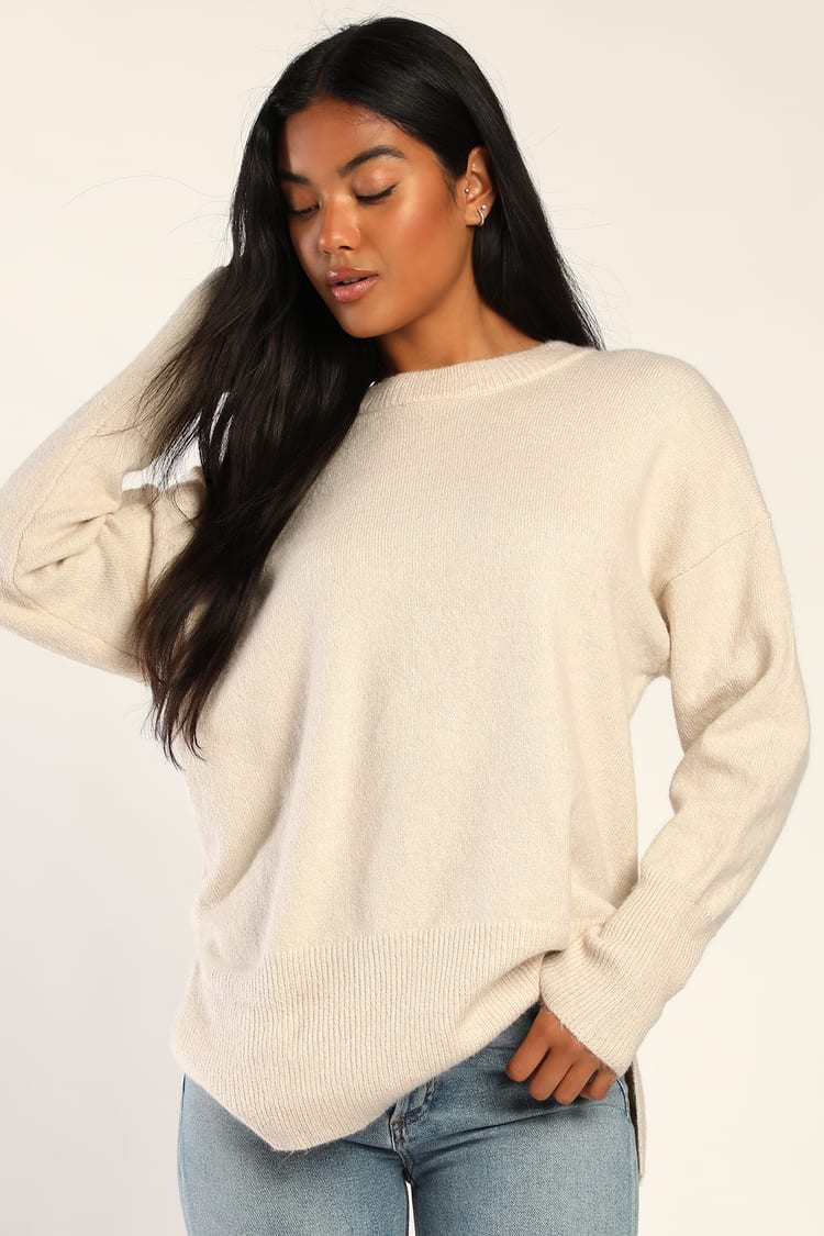 Autumn Allure Ivory Crew Neck Oversized Pullover Sweater