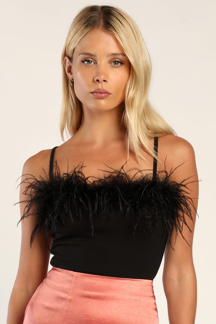 Living for Luxury Black Feather Sleeveless Bodysuit