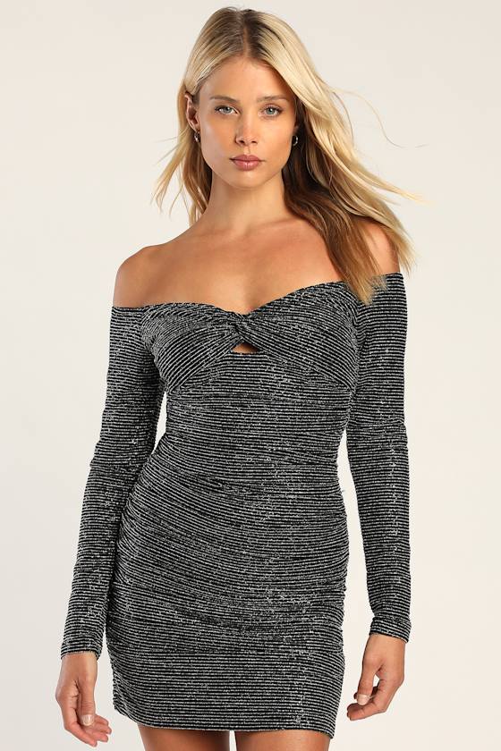 Chic Glow Black and Silver Shiny Off-the-Shoulder Mini Dress 4