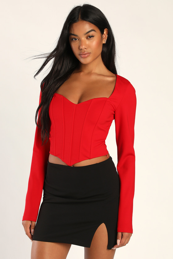 Red Long Sleeve Top - Cropped Bustier Top - Long Sleeve Bustier - Lulus