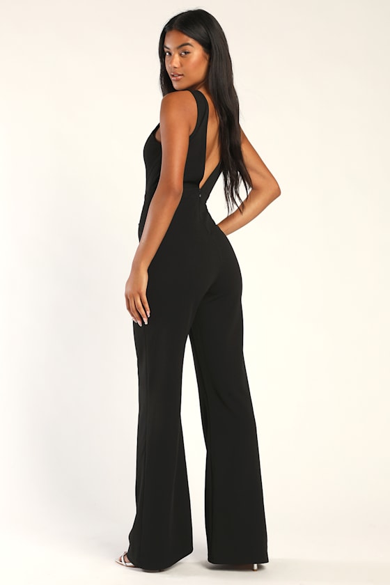 Sexy Black Rhinestone Jumpsuit - Wide-Leg Jumpsuit