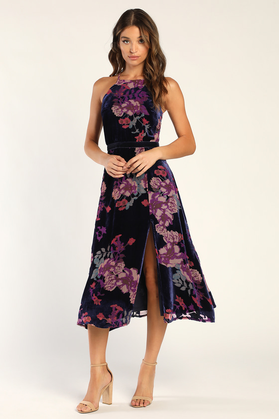 Burnout Floral Velvet Dress - Navy Blue Midi Dress - Velvet Dress - Lulus