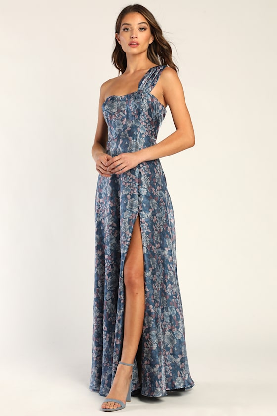 Happily Mine Slate Blue Floral Print One-Shoulder Maxi Dress 2