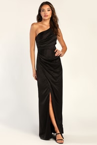 Dreaming of Elegance Black Satin One-Shoulder Maxi Dress
