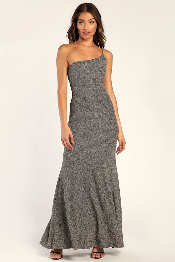 Black and Gold Shiny One-Shoulder Maxi Dress | Womens | Small (Available in XS, M, L, Xl) | 100% Polyester | Lulus