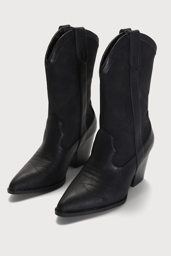 Black Western Boots PullOn Boots Black MidCalf Boots Lulus