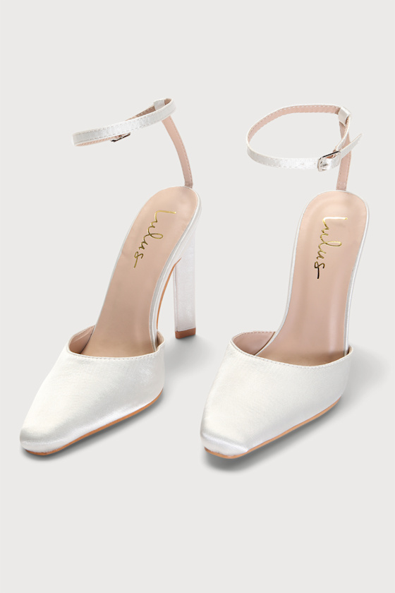 Glundy White Satin Ankle Strap Pointed-Toe Pumps 4