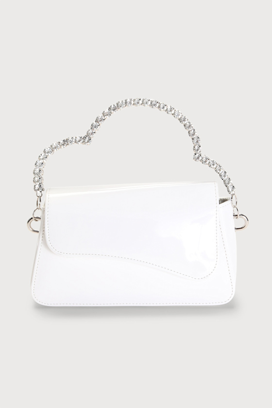 Sparkling Dreams White Patent Rhinestone Handle Clutch Bag 3
