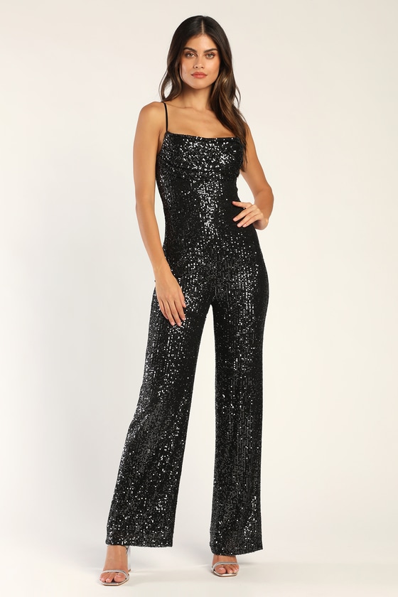 Black Jumpsuit - Black Sequin Jumpsuit - Cowl Neck Jumpsuit - Lulus