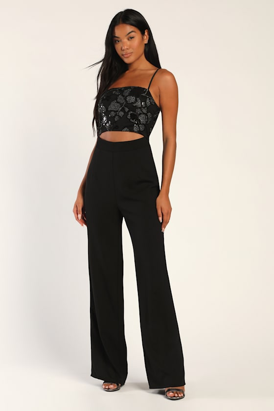 Black Cutout Long Sleeve Slim Sexy Solid Color Jumpsuit main image 1