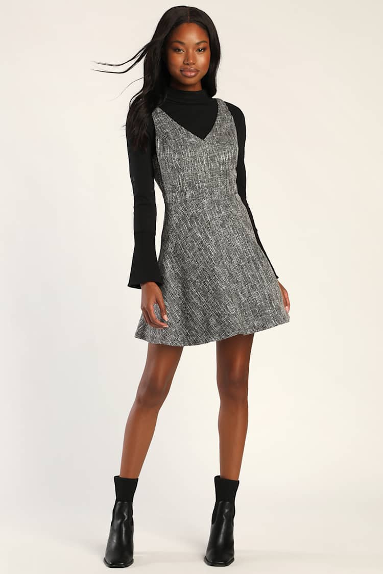 Grey Boucle Dress - Skater Dress- Boucle Mini Dress - Lulus