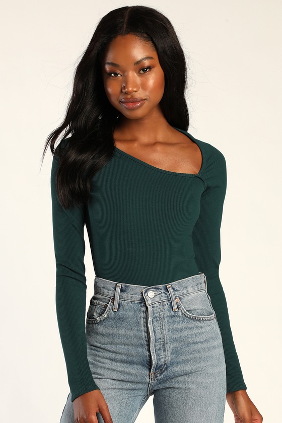 Green Bodysuit - Long Sleeve Bodysuit - Green Asymmetrical Top - Lulus
