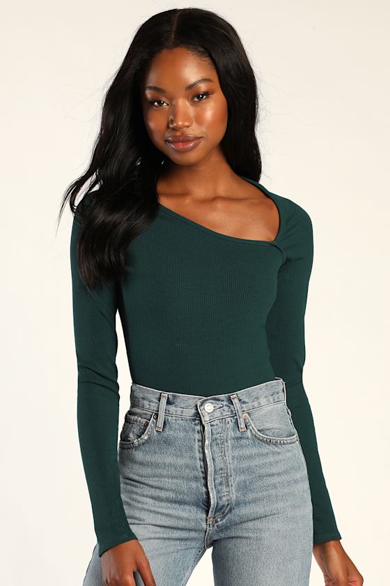 Green Bodysuit Long Sleeve Bodysuit Green Asymmetrical Top Lulus